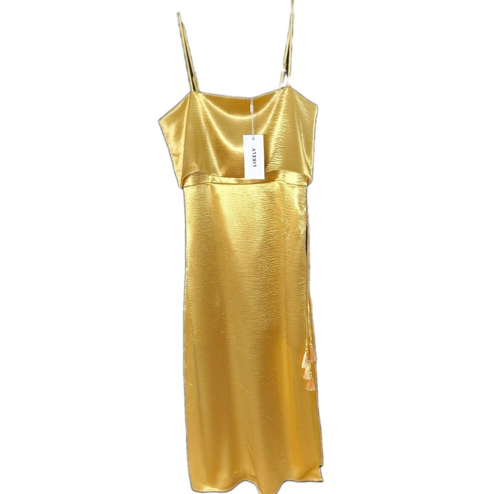NWT Likely Liquid Gold Metallic Midi Dress Sz 12 Side Slit Braided Closure Slip